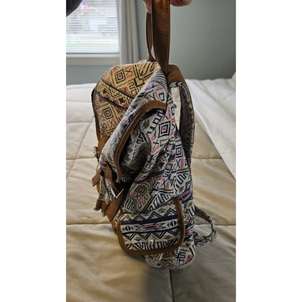 Mudd Aztec Backpack Boho Tribal Print Canvas Faux Leather Festival Bag Y2K Geode